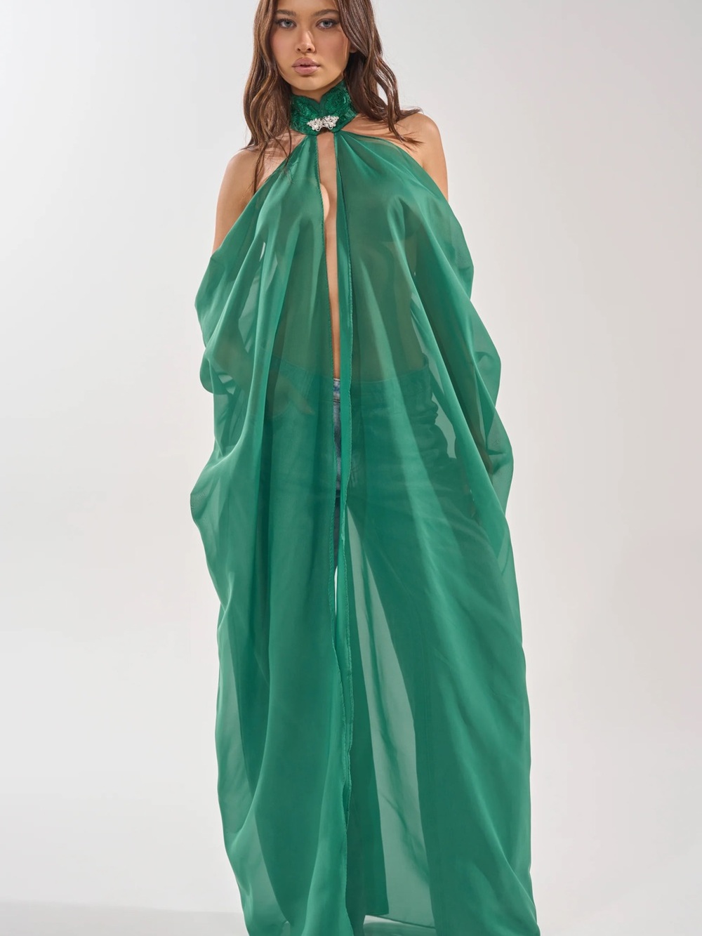 Akira Make A Statement Cape Sheer Emerald Green Halter Cape Dress One Size M L